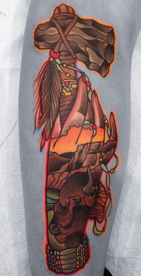 Gary Dunn - Traditional color hand holding a tomahawk with buffalo tattoo, Gary Dunn Art Junkies Tattoo Hesperia ca